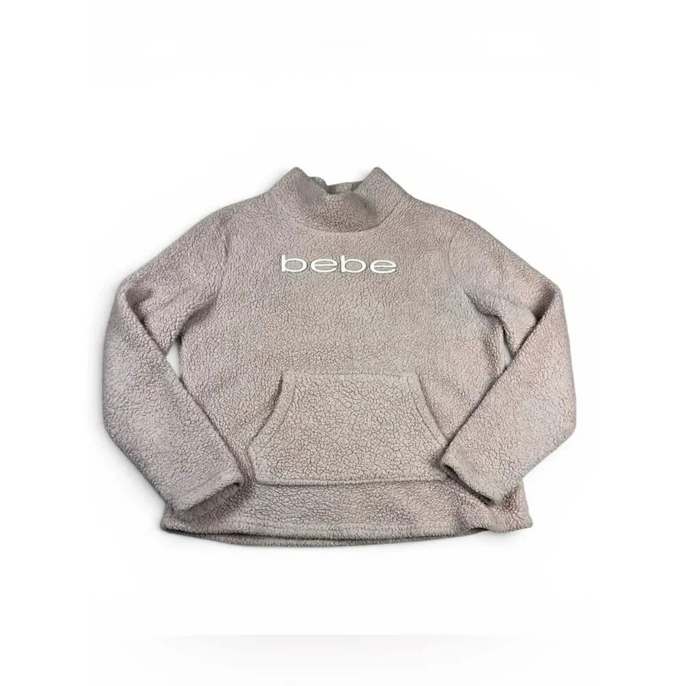 Bebe Logo Sherpa Sweater Pink Cozy Soft Plush Y2K Layering Travel Pullover M